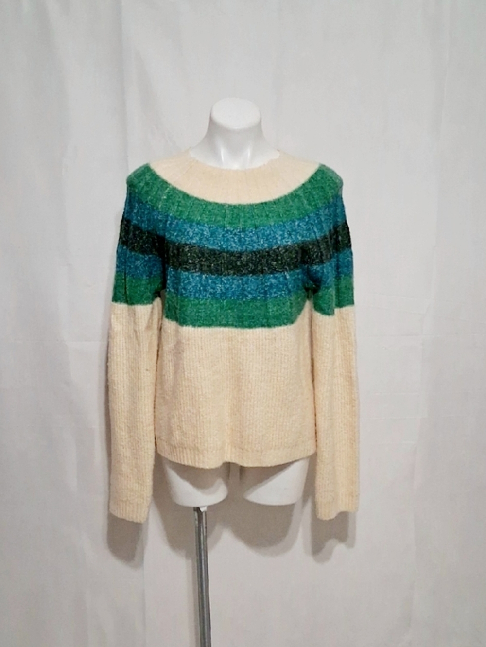 Greylin Striped Knit Fuzzy Sweater L Nordic Colorblock Boho Cozy Chunky Pullover